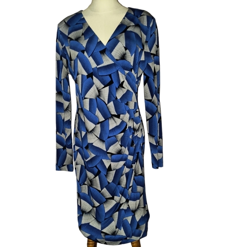 Calvin Klein Geometric Print Long Sleeve Faux Wrap Dress Size 12